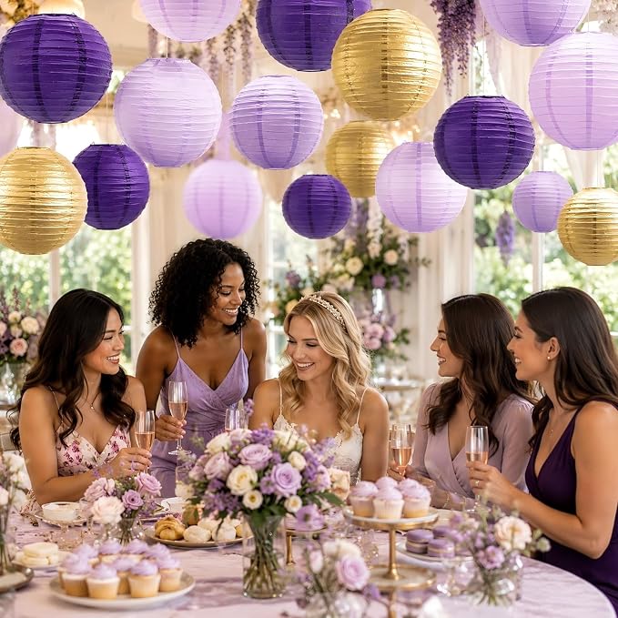 Paper Lanterns Decorative, Round Hanging Lanterns Party Supplies for Graduation Bachelorette Gender Neutral Baby Shower Birthday Party Decorations Purple/Lavender/Gold 21pcs
