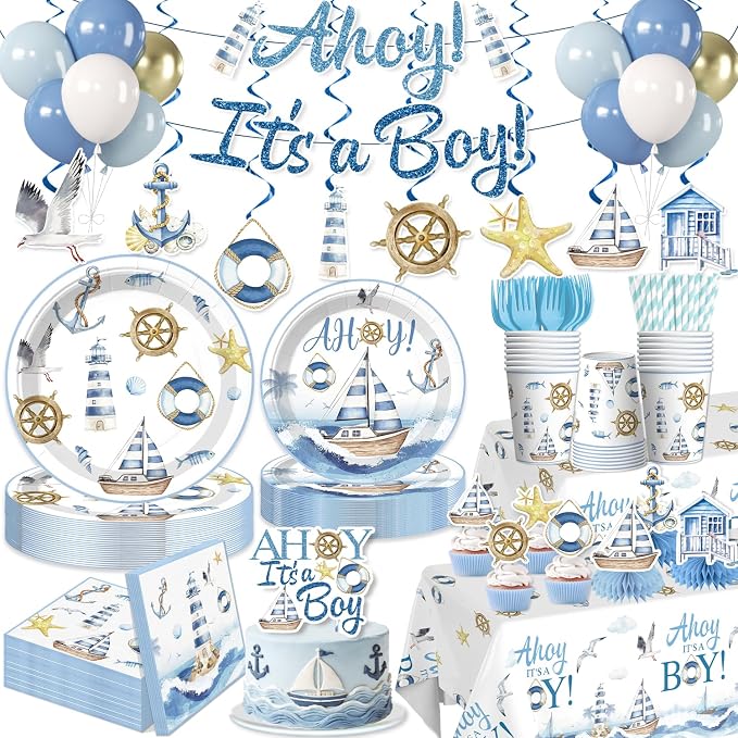 Xynic 205Pcs Ahoy Its a Boy Baby Shower Decorations Set - Serves 25 - All-in-One Nautical Party Decorations Kit with Balloons, Banner, Cake Topper, 350gsm Plates, Tablecloths, Backdrop