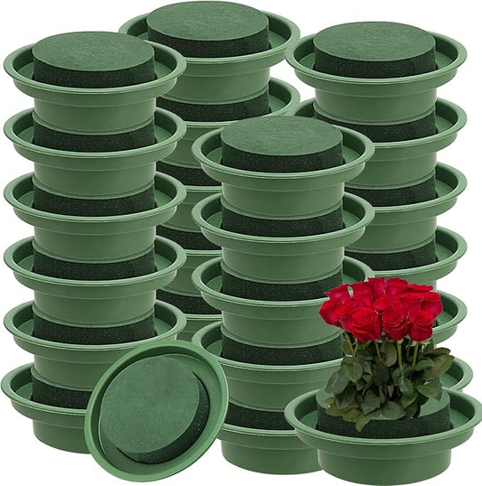 24 Pack 4.7 Inch Floral Foam with Bowl, DIY Flower Arrangement Kit, Round Wet Foam Blocks with Tray for Party Decoration, Wedding Aisle Flowers, Green