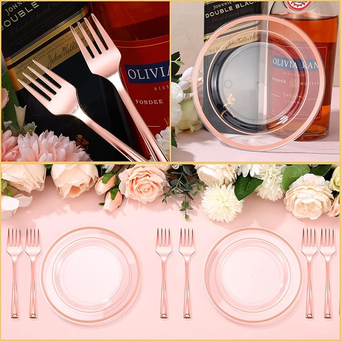 300 Pcs Rose Gold Plastic Dessert Plates Set 150 Clear Disposable Dessert Plates 6 Inch and 150 Plastic Appetizer Forks for Wedding Birthday Party Baby Bridal Shower(Rose Gold)