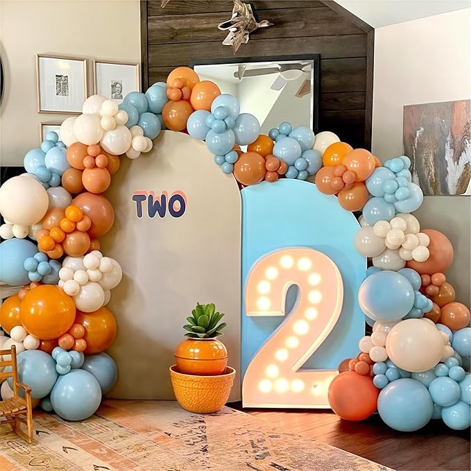 Orange and Blue Balloon Garland Arch Kit, 125pcs Retro Burnt Orange Baby Dusty Fog Blue Beige Ivory White Latex Balloons Arch for Birthday Decor, Boys Baby Shower Wedding Graduation Party Decorations