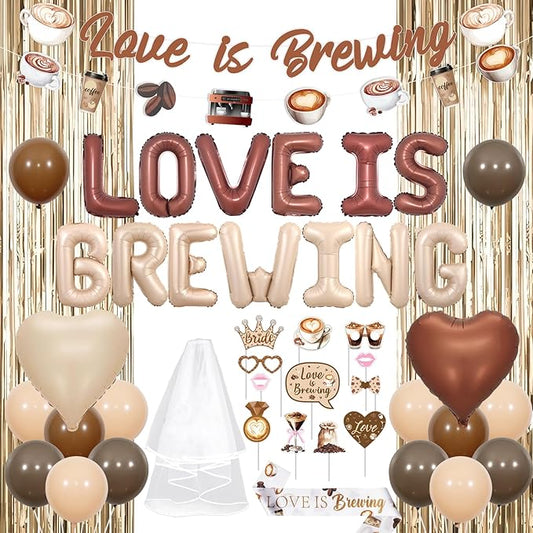 Funmemoir Love Is Brewing Coffee Bachelorette Party Decor Kit, Cafe Theme Photo Booth Props Banner Sash Veil Balloons Foil Fringe, Coffee Bridal Shower Bachelorette Party for Women