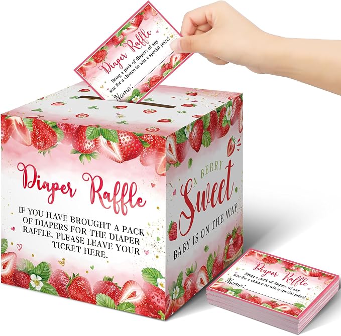 Teling 51 Pieces Diaper Raffle Tickets with Card Box Baby Shower Decorations Baby Shower Holder Box for Girl Boy Diaper Raffle Party(Strawberry)