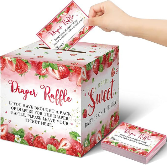 Teling 51 Pieces Diaper Raffle Tickets with Card Box Baby Shower Decorations Baby Shower Holder Box for Girl Boy Diaper Raffle Party(Strawberry)