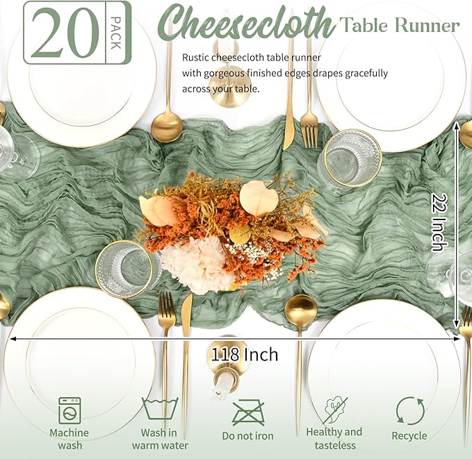 20 Pack Sage Green Table Runner 10FT Long Cheesecloth Table Runner Cheese Cloth Gauze for Wedding Party Birthday Decoration-Sage Green