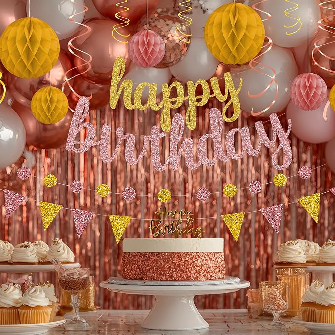 Rose Gold and Gold Birthday Party Decorations Set - Happy Birthday Banner Balloons Foil Curtains Hanging Swirls for Women Girls Birthday Party Supplies