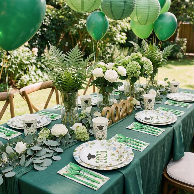 400 Pcs Class of 2026 Sage Green Floral Graduation Decorations for 50, Green and Gold Graduation Paper Plates Napkins and Cups Cutlery Grad Tableware for 2026 Congrats Grad Party Supply