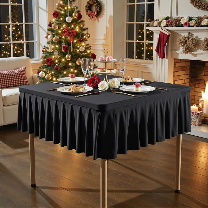 Wish Care Black Spandex Tablecloths for 48x48 Inch Square Tables, Stretch Fitted Table Clothes with Pleated Ruffle Skirt for 48” Table, Wrinkle Free and Elastic, for Party Kitchen Home Dining