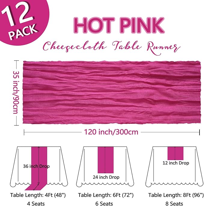12 Pack Hot Pink Table Runner Cheesecloth 10Ft Spring Gauze Cheese Cloth Table Runner 35x120 Inch Boho Sheer Rustic Fabric for Holiday Party Decor Baby Shower Wedding Decorations
