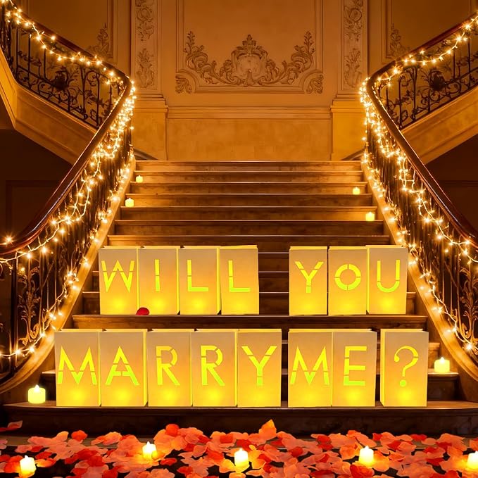 Will You Marry Me Marriage Proposal Decorations Luminary Bags Light Up Letters Sign Decor 2000 Rose Petals and Candles Set Romantic, Valentines Decor, Engagement Party Banner
