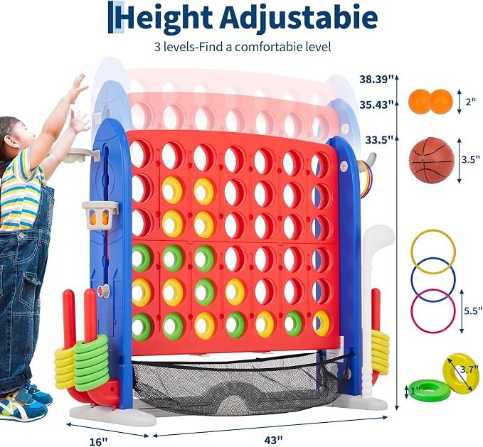 Giant 4-in-a-Row Game Set, Whale Design 4-in-1 with Basketball Hoop, Golf, Ring Toss, 42 Jumbo Rings, Adjustable Height, Quick-Release Catch Net - Outdoor Play for Kids & Adults