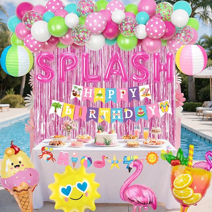 Summer Pool Beach Party Decorations, Splash Birthday Bash Party Supplies Tropical Summer Banner Beach Ball Lantern Fringe Curtain Foil Balloons Arch for Girls Swimming Luau Hawaiian Party Decor(Pink)