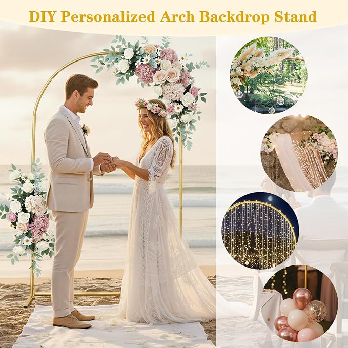 RUBFAC 6.6 FT Arch Backdrop Stand, Metal Gold Wedding Arch Frame, Floral Balloon Arch Stand for Birthday Baby Shower Bridal Anniversary Graduation Ceremony Party Backdrop Decoration