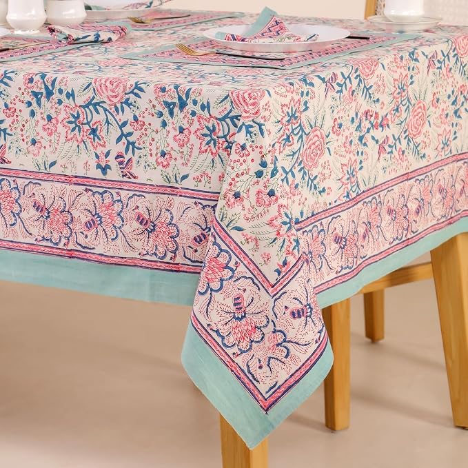 Hand Block Printed Tablecloth, Colorful Floral Print, Indian Artisan Handmade Art, Dining Room, Kitchen, Outdoor Décor, (Salmon Pink, 10 Seater 72 x 118 Inches Rectangle)