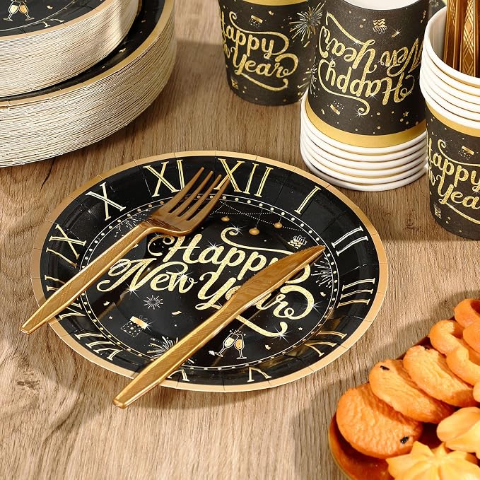 Zhehao 350 Pcs Happy New Year Party Supplies Tableware 2026 New Years Eve Dinnerware Set for 50 Guests Disposable Black Gold Paper Plates, Napkin, Cup, Knife, Fork and Spoon for Celebration(Clock)