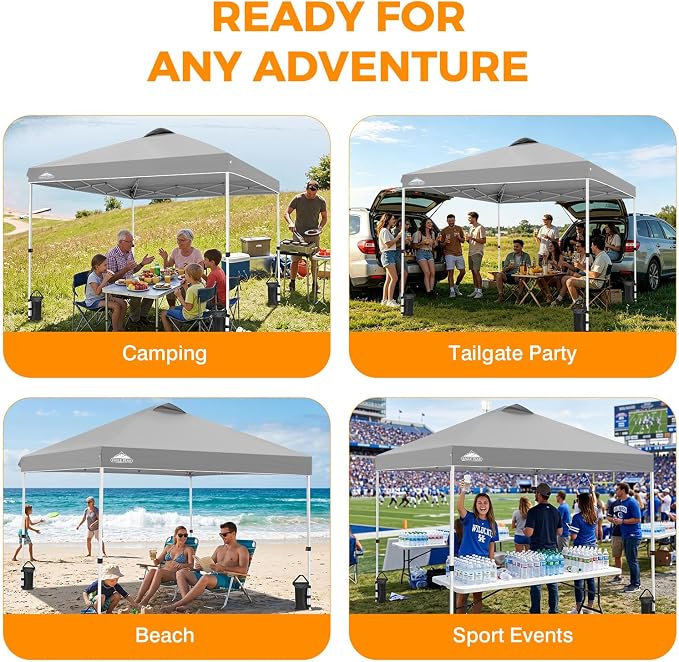 EAGLE PEAK Pop Up Canopy Tent with Wheeled Carry Bag, 8 Stakes, 4 Ropes, 4 Weight Bags, Easy Set Up Tent Canopy, 10x10 ft, 100sqft of Shade, Light Gray