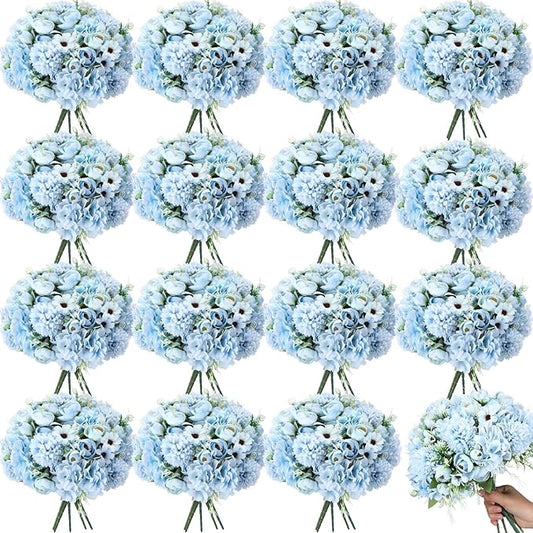 Tigeen 24 Bundles Peonies Artificial Flowers Faux Roses Artificial Flowers Hydrangea Bouquet for Wedding Table Centerpiece Floral Vase Home Office Bridal Decor(Blue)