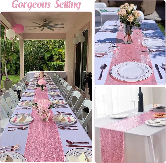 6 Pack Pink Valentine's Day Sequin Table Runner Table Cloths 12" x 70" Sparkle Table Runner for Baby Bridal Shower Wedding Birthday Party Table Decor (Pink)