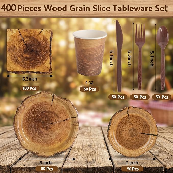 400 Pcs Disposable Rustic Wood Grain Slice Tableware Set for 50 Guests | Heavy-Duty 7" & 9" Paper Plates, Cups, 13" Napkins & Plastic Cutlery for Camping Forest Woodland Birthday Party Supplies