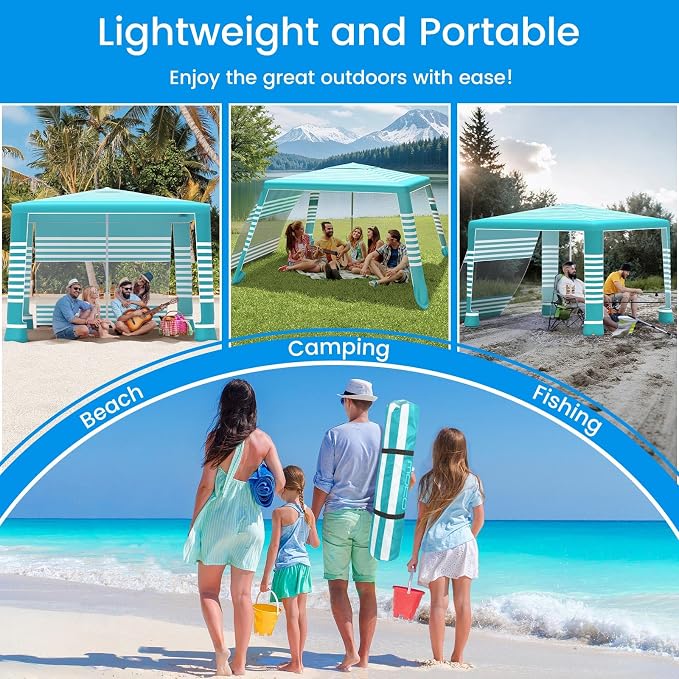 MoKo Beach Cabana, 8'×8' Large Beach Canopy with Side Wall, UPF 50+ Protection Easy Setup Beach Tent Sun Shelter, Adjustable Height Wind Resistant Cabana Beach Tent for Whole Family, Green Stripe