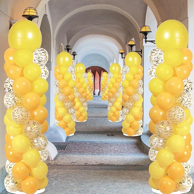 2 Sets Golden Yellow Balloon Column Stand Kit with 100 Balloons Adjustable Balloon Tower Stand with Bases for Floor Confetti Balloons Column Kit for Graduation Birthday Appreciation Party Decor