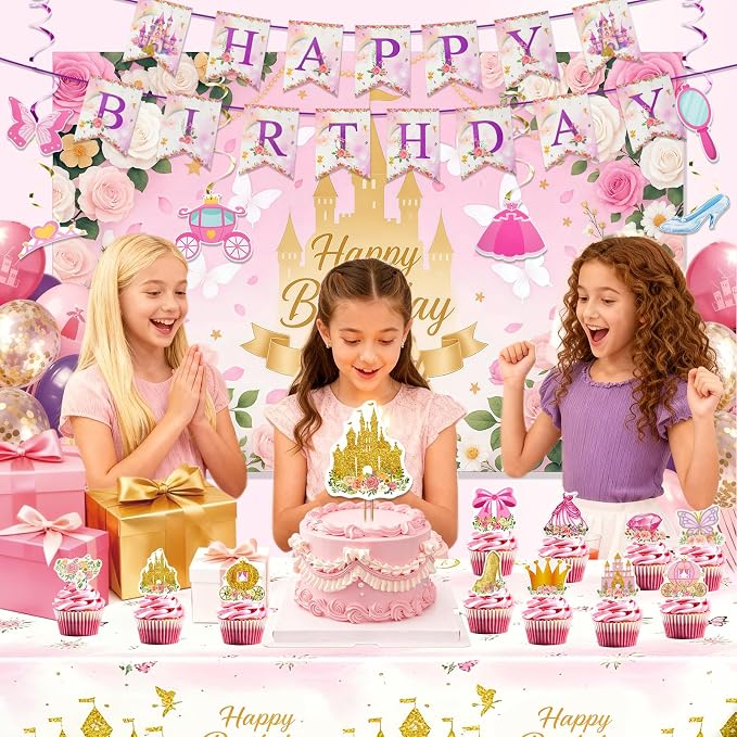 Princess Castle Birthday Party Decorations Set for Girls 3-14 Yrs, with Banner, Backdrop, Balloons, Cake Topper, Cupcake Toppers, Tablecloth, Quick and Easy Setup