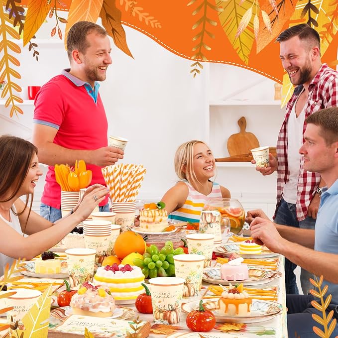 Funnymoom 452 Pcs Hello Pumpkin Thanksgiving Fall Party Supplies for 50, Thanksgiving Pumpkins Paper Plates Napkins Cups Tablecloth Cutlery Straws for Autumn Harvest Birthday Baby Shower Decorations
