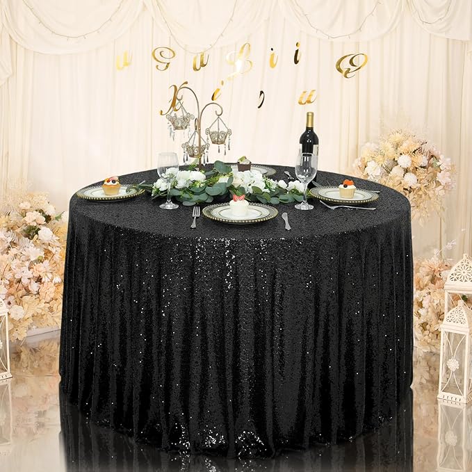Eternal Beauty Black Tablecloth, 120 Inch Round Sequin Tablecloth for Party Cake Dessert Table Exhibition Events