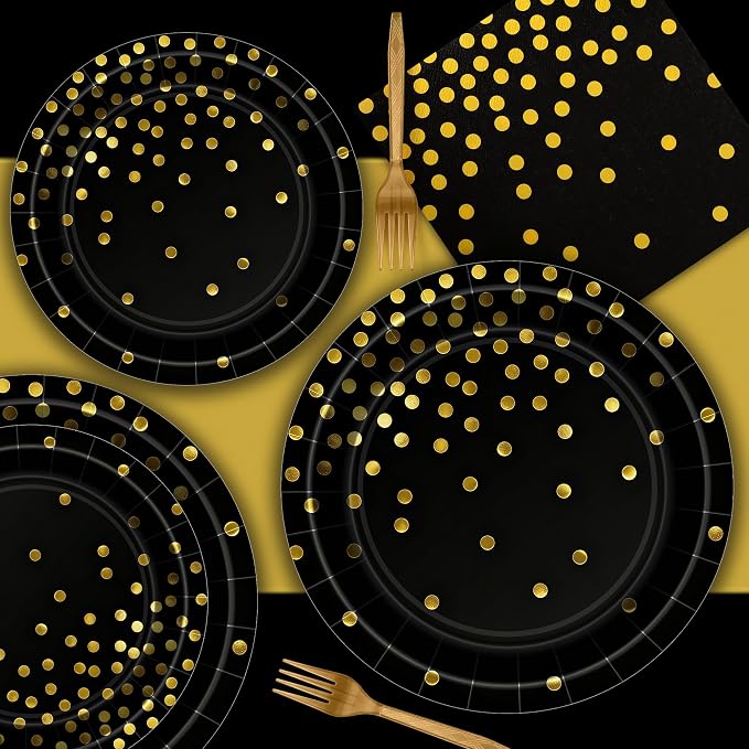 QZYL 122 Pcs Black and Gold Plates and Napkins, Black Plates Disposable for Party, Golden Birthday Tableware Serves 30, Gold Dots Retirement Party Supplies with Plate, Napkin, Fork and Tablecloth