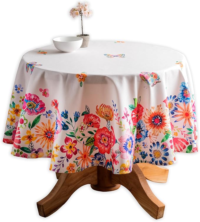 Maison d' Hermine Table Cloth Round Table 100% Cotton 63 Round Inches Tablecloth Reusable Decorative for Dining Kitchen Room Farmhouse Party Hotel Restaurant Spring Summer- Happy Florals - High Summer