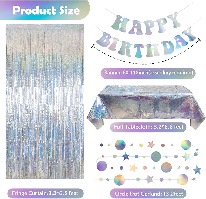 Iridescent Happy Birthday Party Decorations Happy Birthday Banner, Iridescent Circle Dot Garland Streamer, Fringe Curtain, Foil Tablecloth for Disco Bday 70s 60s Party Decoration