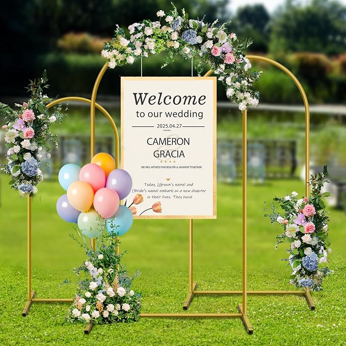 Metal Arch Backdrop Stand, Set of 3 (6/6.6/7.2 ft) Wedding Arched Frame with 12 Ground Nails, Stable Arched Background Stand for Wedding, Baby Shower, Birthday Party, Photography, Gold