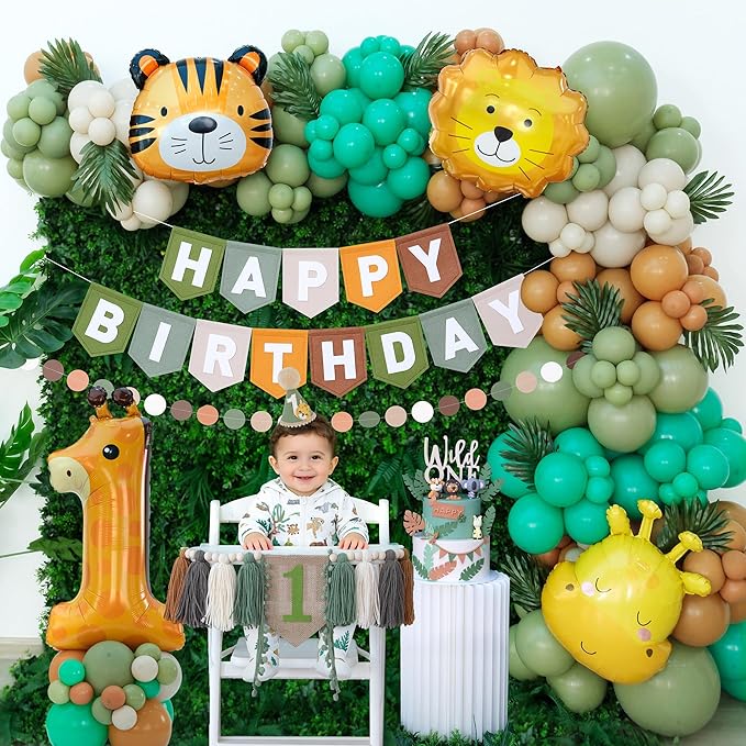Wild One Birthday Decorations for Boys Balloons Arch Kit Jungle Theme 1st Party Banner First Safari Themes Zoo One Year Old Baby Boy