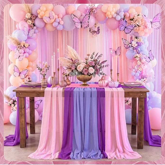 Boao 6 Pcs Pink and Purple Party Decorations Table Runner Cloth 10Ft Boho Sheer Rustic Fabric for Wedding Birthday Party Baby Bridal Shower Graduation Dawn Sunset Decor