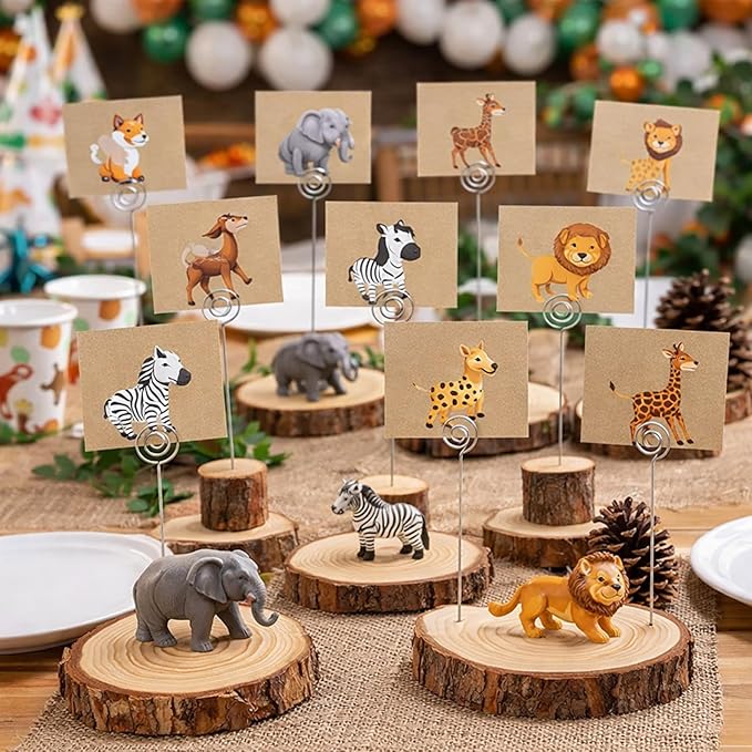 Amyhill Wedding Table Centerpieces 6 Wood Slices 12 Wood Place Card Holders 30 Kraft Place Cards Natural Wooden Table Number Holders Rustic Food Labels Sign Name Card Picture Holder with Swirl Wire