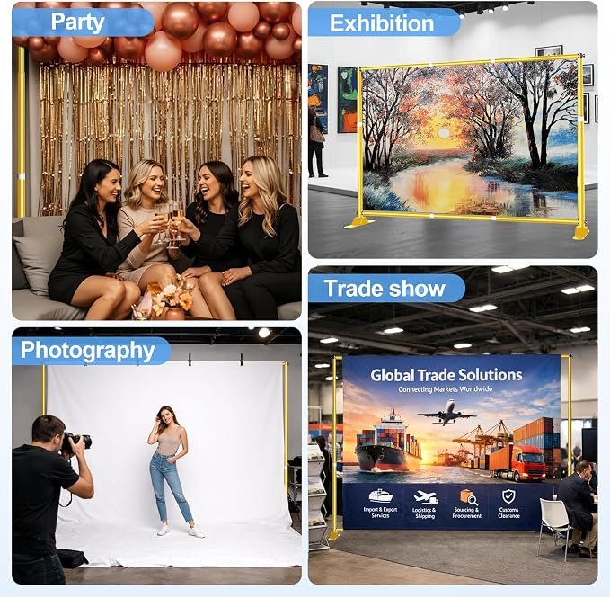 10 x 8FT Backdrop Banner Stand, Heavy Duty Adjustable Photo Background Support Frame Kit, Step and Repeat Stand for Photo Booth, Parties, Exhibition, Trade Show, Wedding - Gold