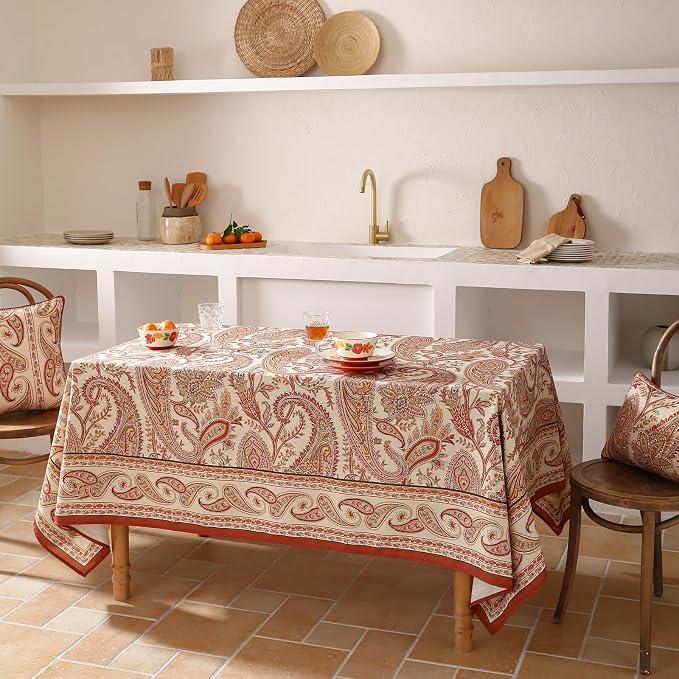 ISAENNE Designer Vintage Square Linen Tablecloth,67"x67"-Chauffrey D | Vintage French Table Cloth Square Table,Cashew Pattern,Durable,Heavyweight,Dining Room,Kitchen,Tea Party,Thanksgiving