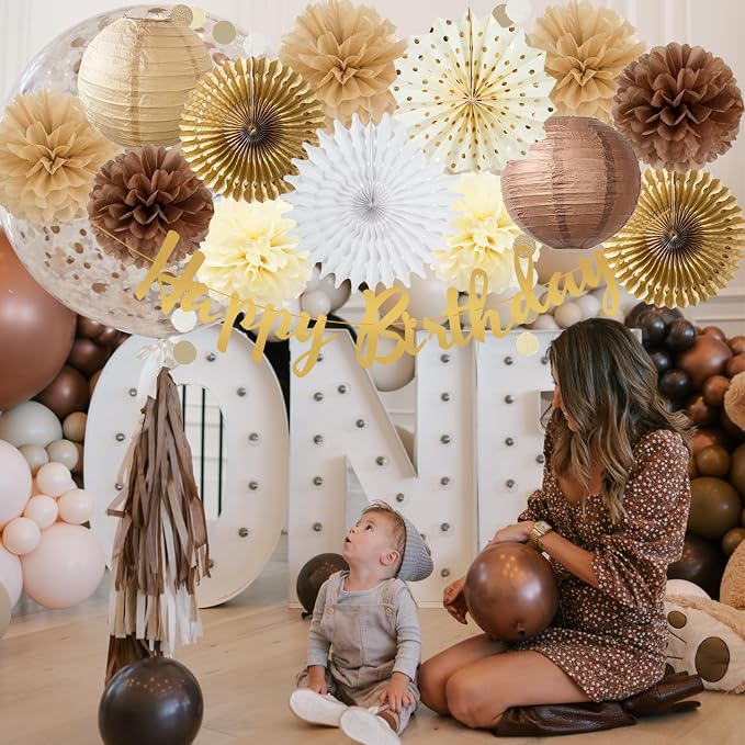 Brown Birthday Party Decorations White Brown Champagne Rustic Birthday Party Decoration Paper Pom Poms Flowers Hanging Paper Fans for Neutral Bear Baby Shower Boho Party Decoration