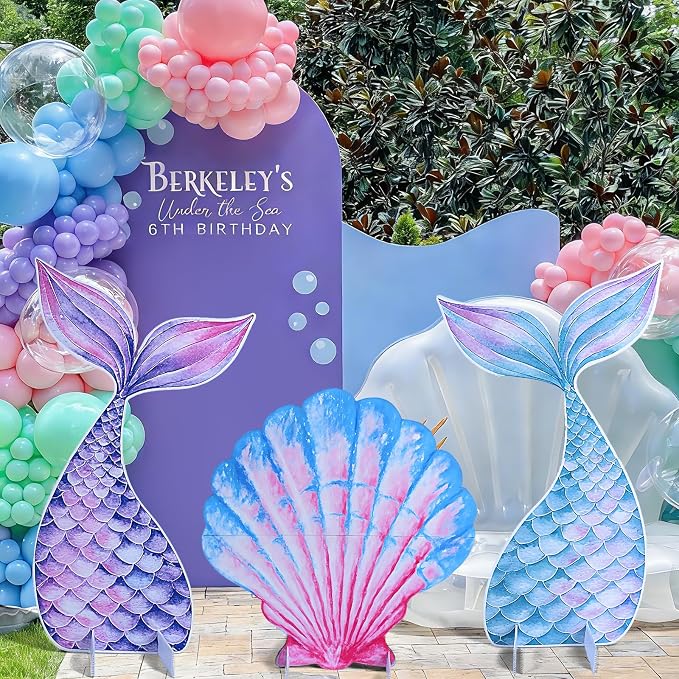Large Mermaid Party Cutouts - 3Pcs Under The Sea Party Decoration Set 30 inch Mermaid Tail Shell Cardboard Stand Sign for Baby Shower Birthday Favor Photo Booth Prop
