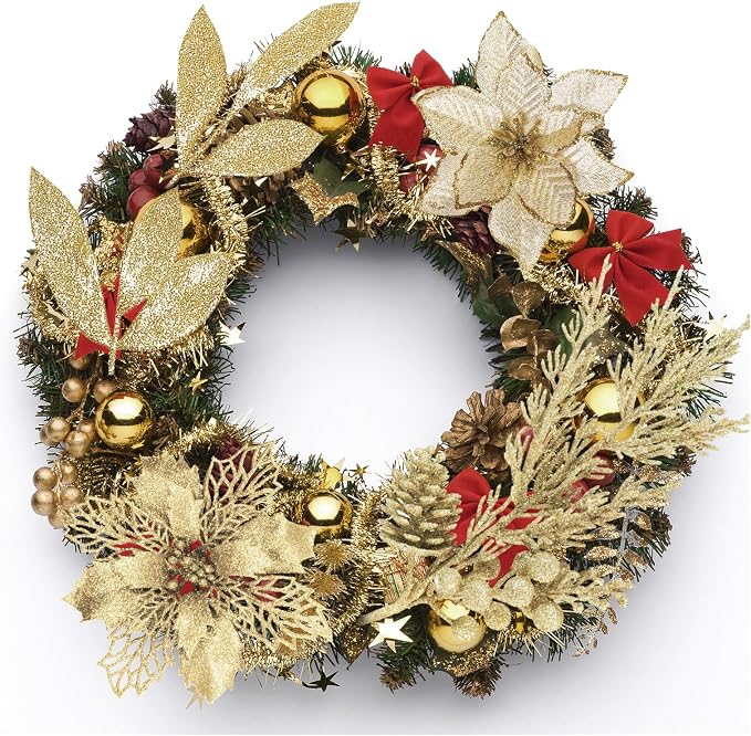Winlyn 35 Pcs Christmas Artificial Poinsettia Flower Stems and Artificial Leaf Picks Champagne Glitter Christmas Floral Stems for Champagne Christmas Tree Decor DIY Wreath Holiday Floral Arrangement