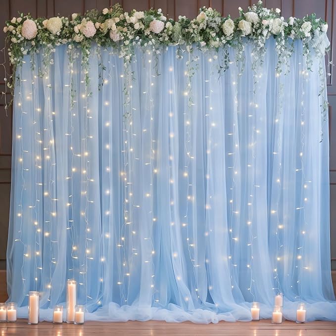 10x10ft Baby Blue Tulle Backdrop Curtain for Parites, Sheer Photo Backdrop Drapes for Wedding Baby Shower Boy Shower Birthday Party Photo Shoot Background Decorations
