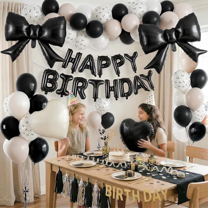 Black White Bow Birthday Decorations Black Sand White Cream Pearl Polka Dot Bows Print Balloon Happy Birthday Banner 38 In Coquette Foil Balloons Heart Balloon for Women Men Bday Party Supplies