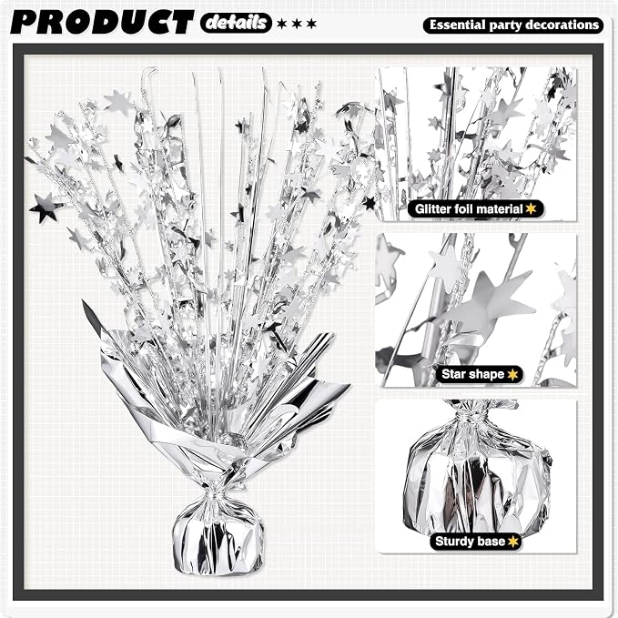 6 Pack Metallic Foil Spray Centerpiece Star Table Decoration Burst Table Centerpieces for Birthday Weddings Anniversaries Christmas New Year Holiday Party Supplies Decor (Silver)