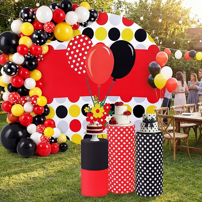 146 Pcs Cartoon Mouse Arch Backdrop Cover Cylinder Stand Covers balloons set for party Photo Props 7.2 feet Polka Round Backdrop Covers for Birthday Baby Shower Ceremony Party Decor