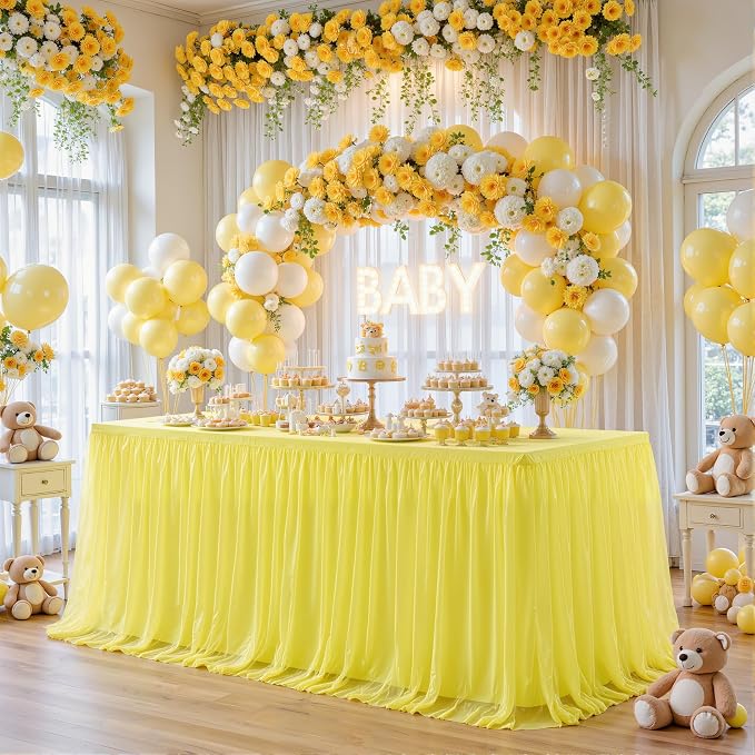 4 Pack Yellow Tulle Tablecloth for 8 Foot Rectangular Tables 8ft Yellow Rectangle Table Cloths Wrinkle Free Table Cover with Tutu Skirt for Birthday Cocktail Banquet Buffet Lemon Fruit Party Decor