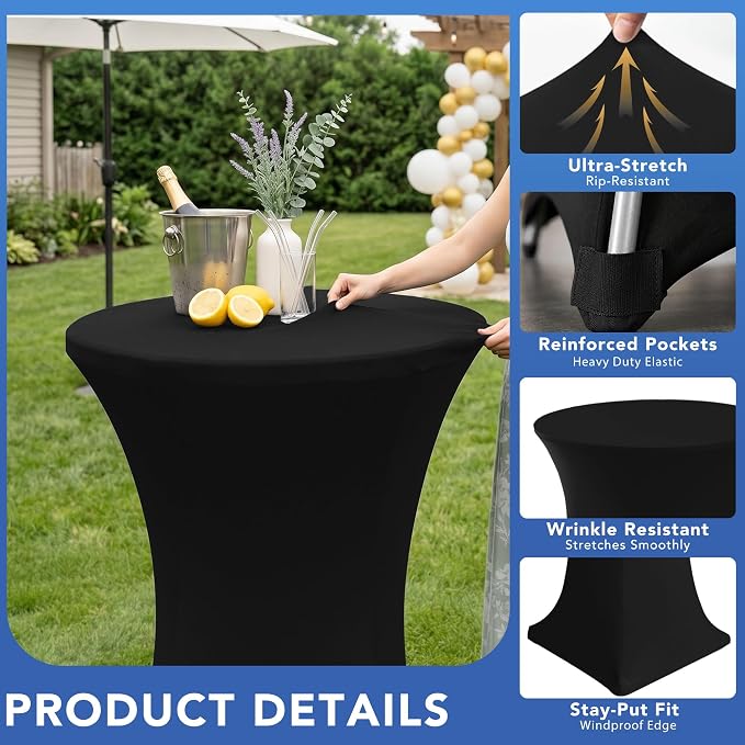 Cocktail Table Covers-Spandex Round High Top Table Cloths 8 Pack 32x43 Inch-Black Stretch Fitted Bar Tall Tablecloth for Pub Bistro Highboy Party Event Banquet Height Folding Satnding Tables