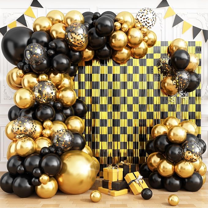 Graduation Balloon Garland Arch Kit Birthday Party Decorations, Black Gold Fringe Backdrop Tinsel Streamers Photo Booth Prop for Graduation Prom Wedding Anniversary Retirement Party Decor Supplies