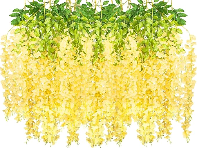 AITISOR 12 Pack Artificial Flowers Silk Wisteria Vine Ratta Hanging Flower (Champagne)