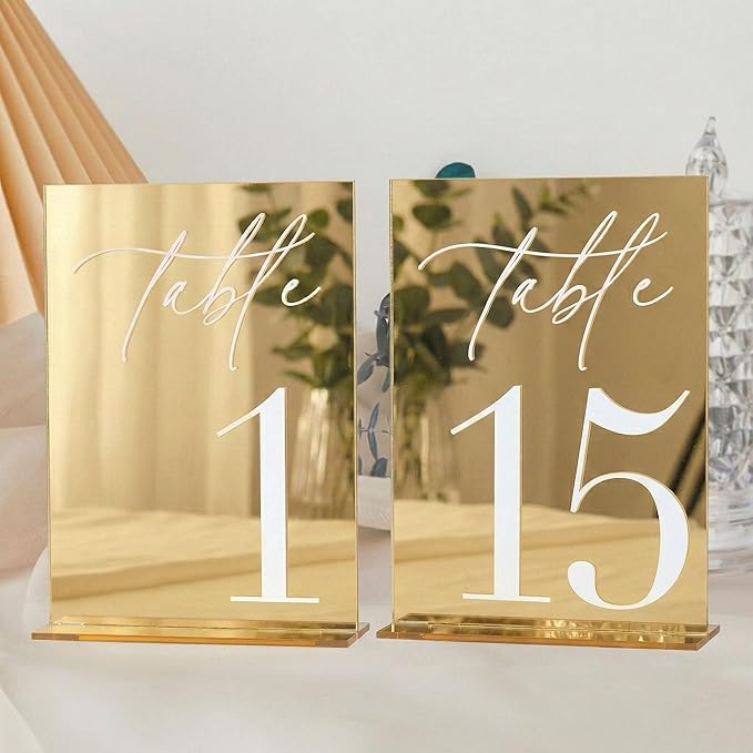 Acrylic Wedding Table Numbers 1-15 with Stands, 5"x7" Gold Mirror Acrylic Signs with 3D White Numbers, Gold Mirror Table Numbers for Wedding Reception, Anniversary, Event