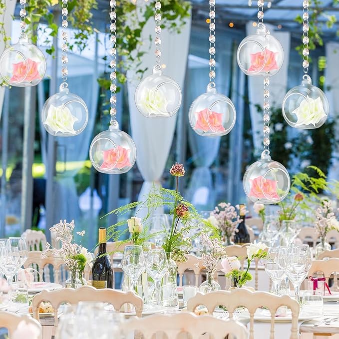 12 Sets Hanging Candle Holder Wedding Glass Globe with Acrylic Gems Bead Garland Hanging Tea Light Candle Holder Orbs Container for Flower Plant Micro Landscape DIY Party Tree Decor 2.36 Inch